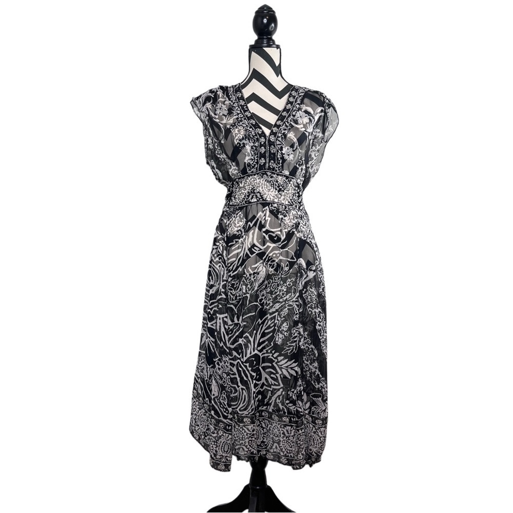 Whimsigoth Fairycore 100% Silk Paisley Beaded Boho Sheer Sz 12 Babydoll Dress